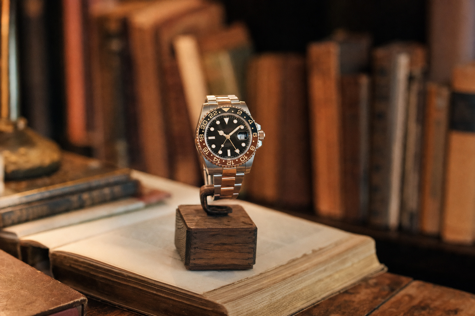 Two-tone Rolex GMT-Master II Root Beer 126711CHNR, brown and black ceramic bezel, Everose gold accents, elegant travel timepiece