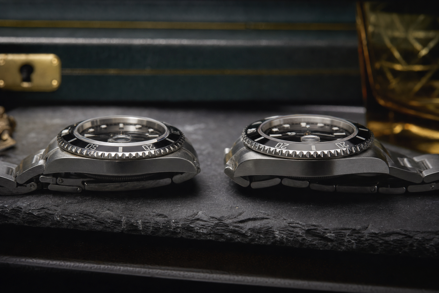 Rolex Submariner case comparison: 40mm 16610 vs. 'Super Case' 116610LN, illustrating lug width and profile differences, modern and traditional designs.