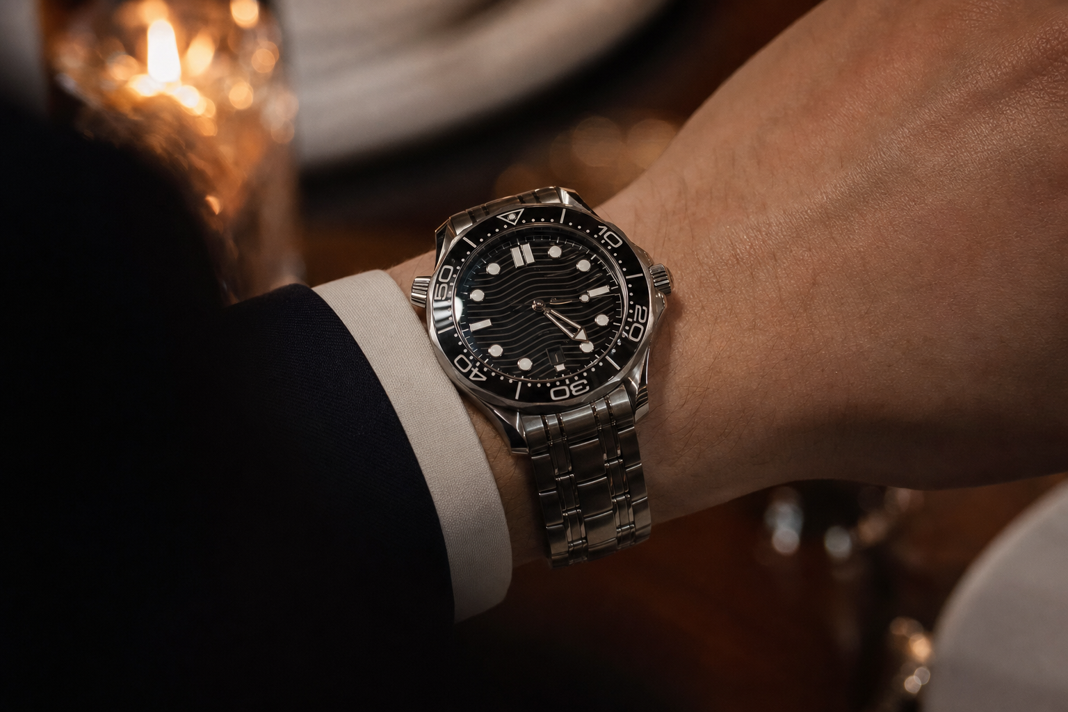 Omega Seamaster Diver 300M with wave pattern dial and helium escape valve, showcasing its modern, technical design.