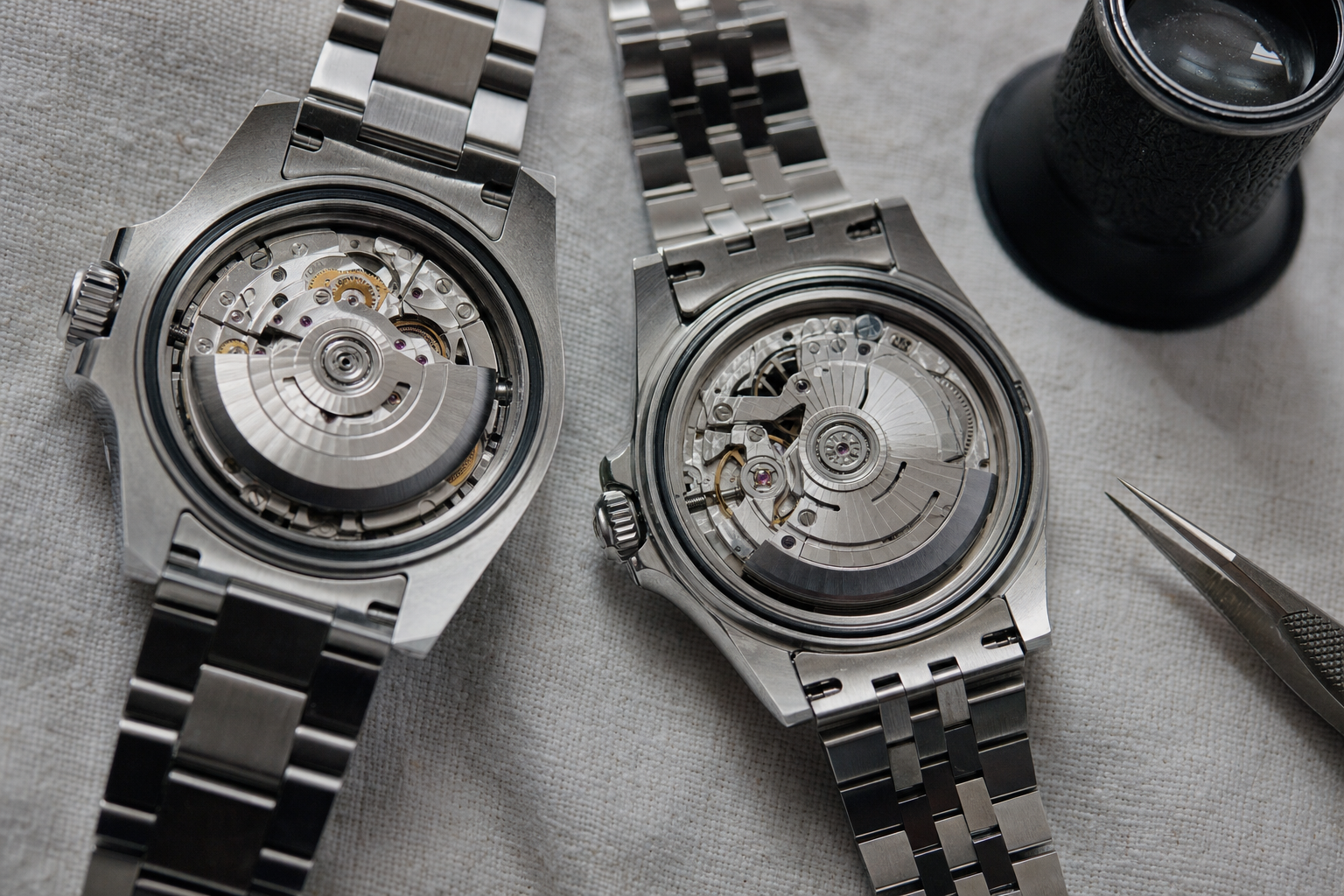 Detailed view of Rolex Calibre 3235 and Omega Calibre 8800 movements, emphasizing their precision engineering and anti-magnetic features.
