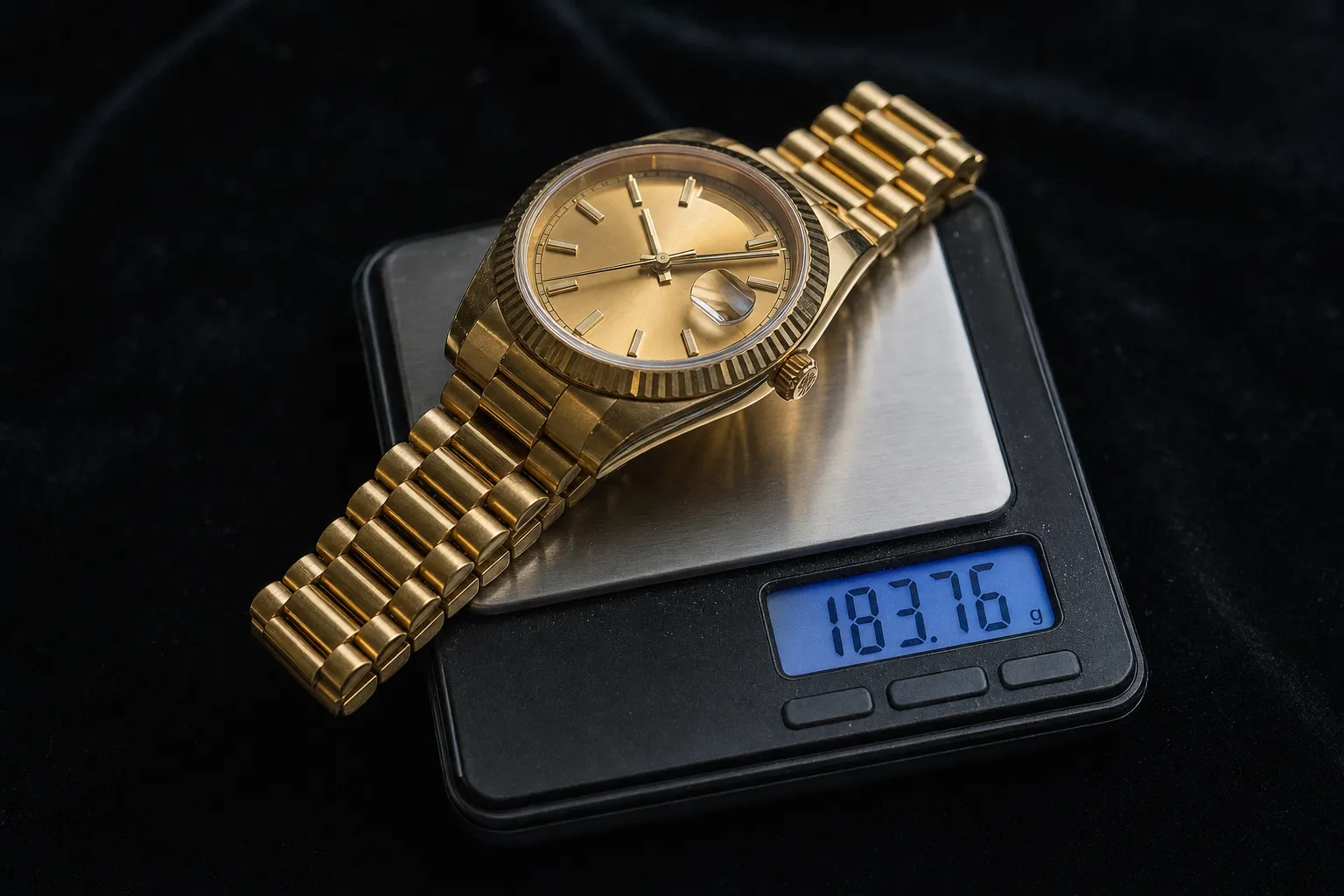 Testing precious metal weight of a solid gold luxury watch on precision digital scale