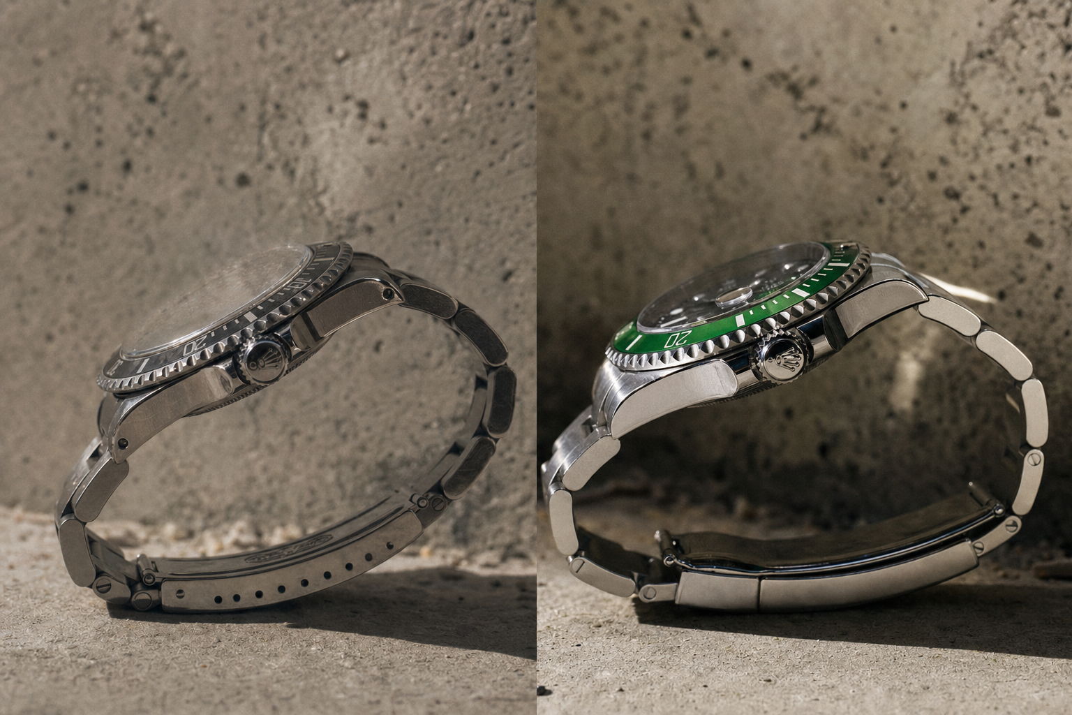 Vintage Rolex Submariner vs modern Rolex Submariner side-by-side, showcasing design evolution and condition differences.