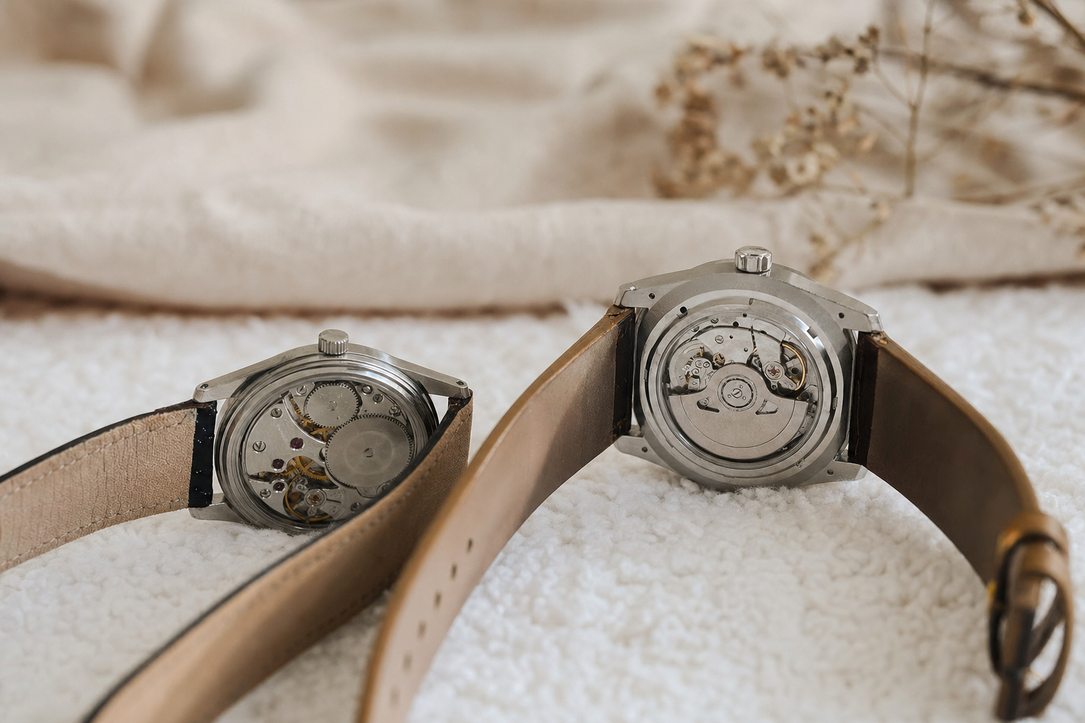 Comparison of a slender manual-winding watch beside a slightly thicker automatic watch, both with transparent casebacks revealing their movements.