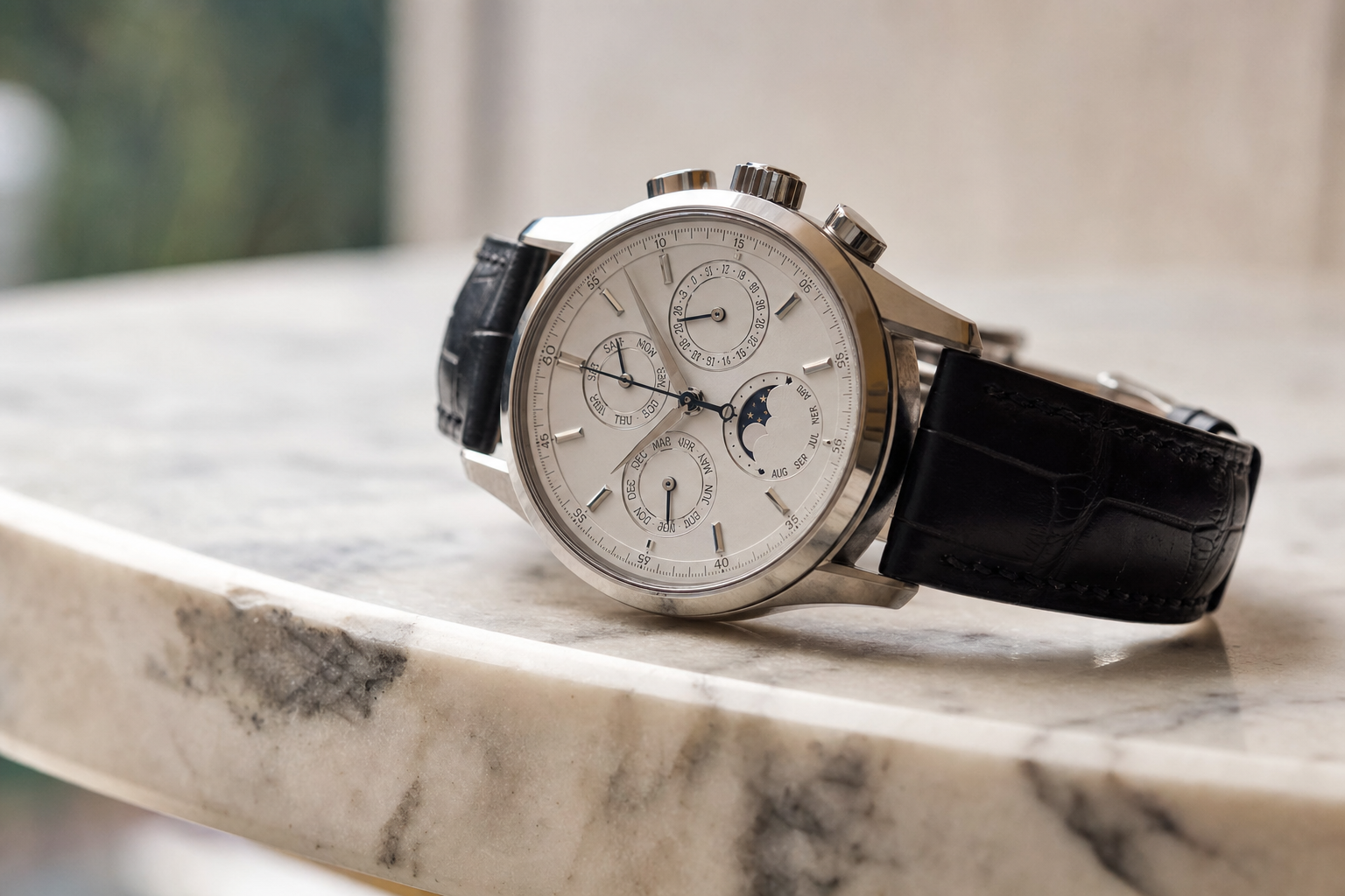 Luxury watch dial displaying multiple complications: perpetual calendar, moon phase indicator, and a detailed chronograph sub-dial.