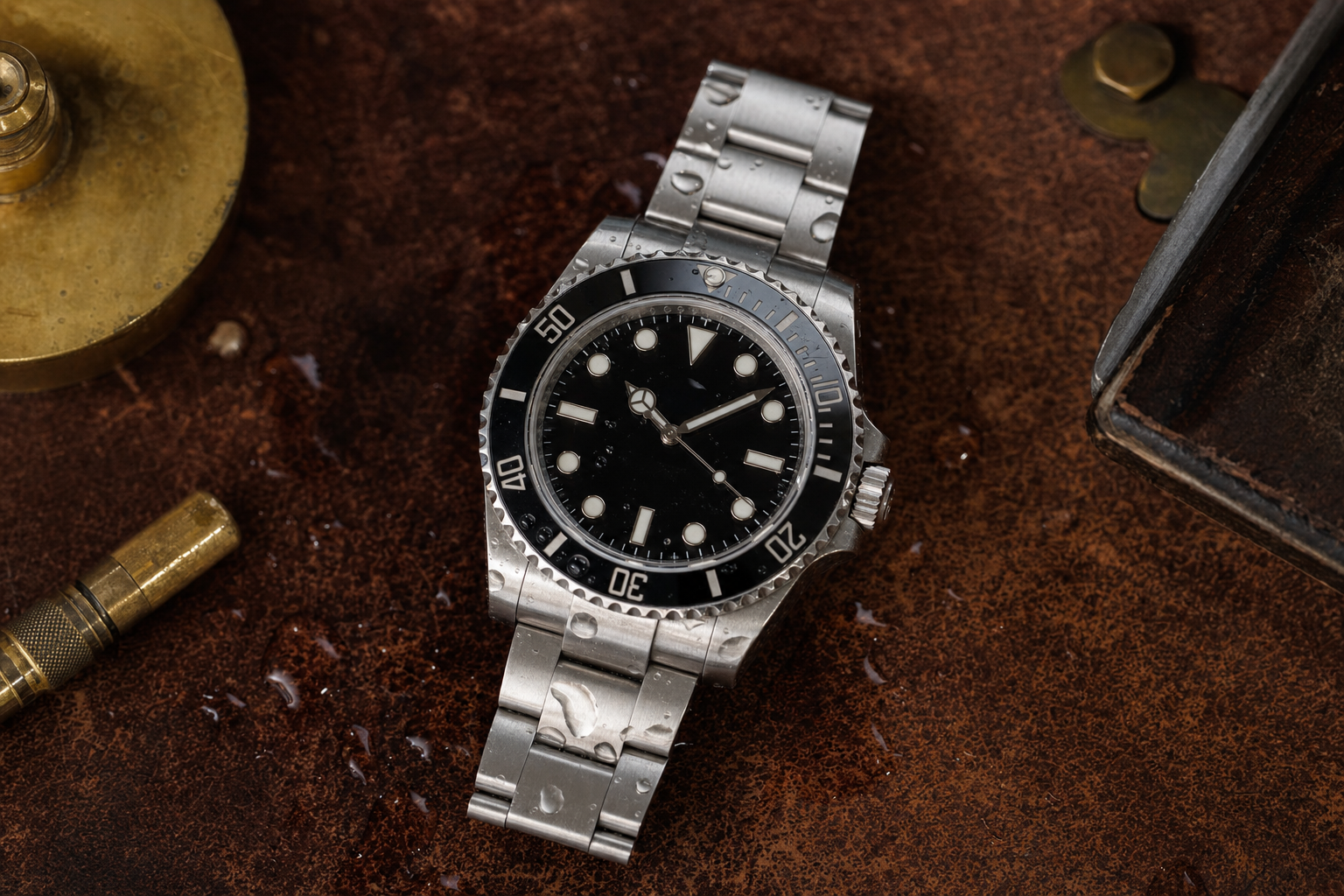 Close-up of a stainless steel Rolex Submariner's screw-down crown partially unscrewed, with water droplets on the case, illustrating water resistance technology.